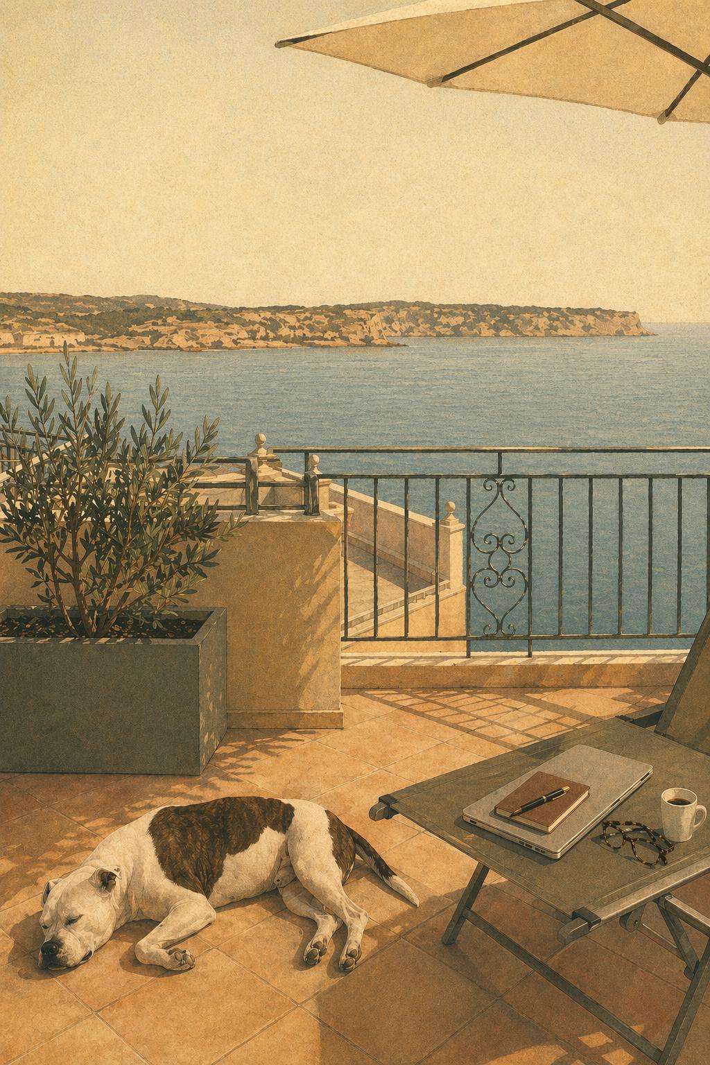 A sleeping dog on a sunlit Mediterranean terrace overlooking the sea, a closed laptop with a notebook, pen, coffee and folded glasses resting on a nearby side table — the builder just out of frame.