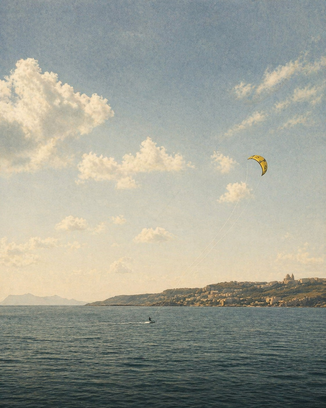 A lone kitesurfer cutting across a calm Mediterranean bay beneath a wide open sky, a single yellow kite tethered above. A limestone hilltop village with a church dome sits on the distant coastline.